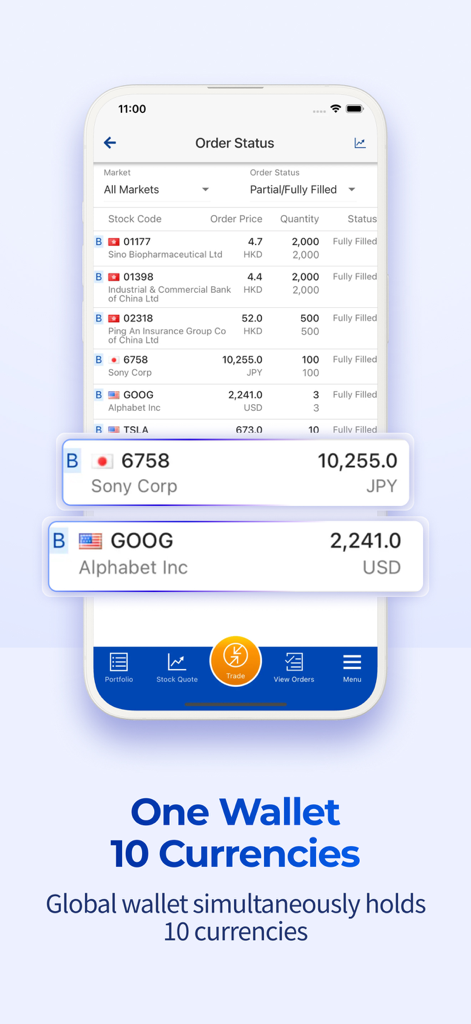 BOOM Mobile Trading - BOOM Mobile Trading app interface showing a multi-currency wallet and global stock order status