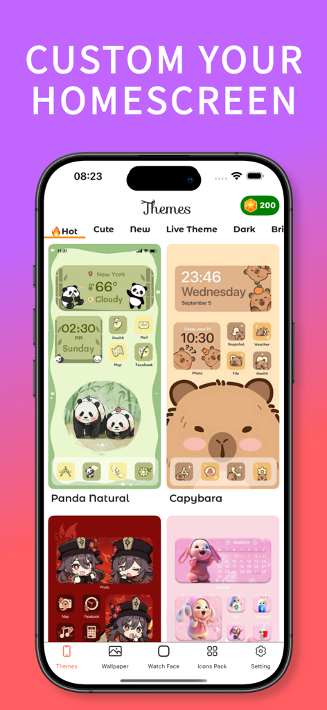 ThemePack - Icons & Wallpaper - Interface of ThemePack app featuring cute panda and capybara aesthetic homescreen themes for iPhone