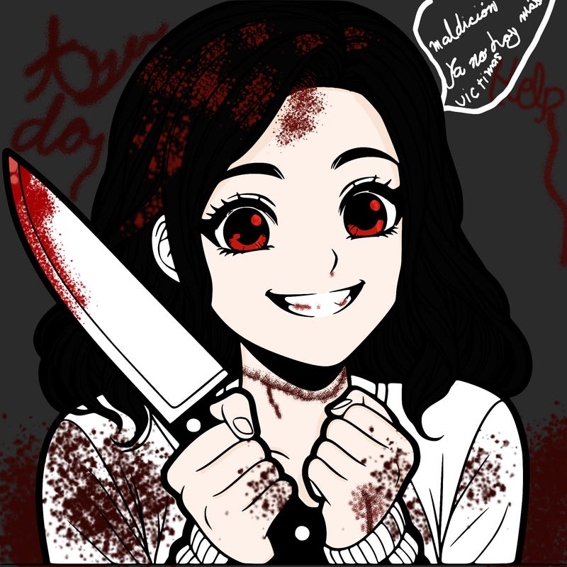 a realistic girl holding a knife and grinning