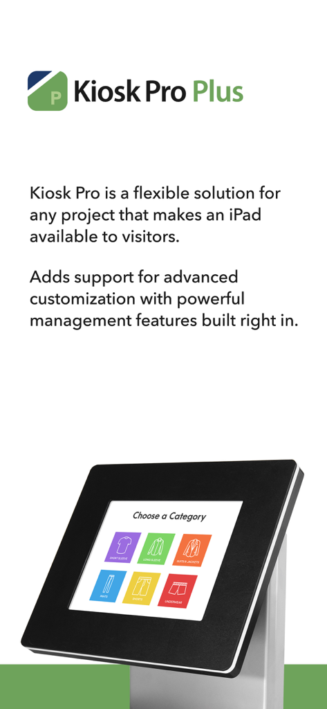 Kiosk Pro Plus - Kiosk Pro Plus app promotional screen showing an iPad in a professional kiosk stand with a retail interface