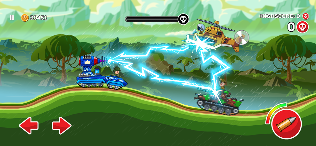 Hills of Steel - A futuristic electric tank firing lightning at an enemy helicopter and tank in a jungle setting