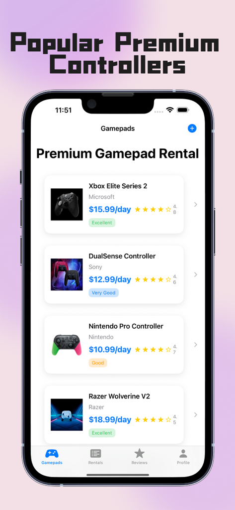 A mobile app screen showing a list of premium game controllers for rent including Xbox Elite Series 2 and DualSense with daily prices