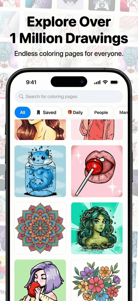 Color Pop AI - Coloring Book - Mobile interface of Color Pop AI app showing a diverse gallery of over one million coloring pages including mandalas and character art