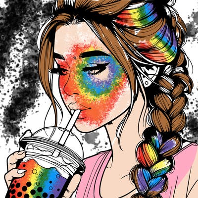 realistic girl drinking boba tea with braided hair