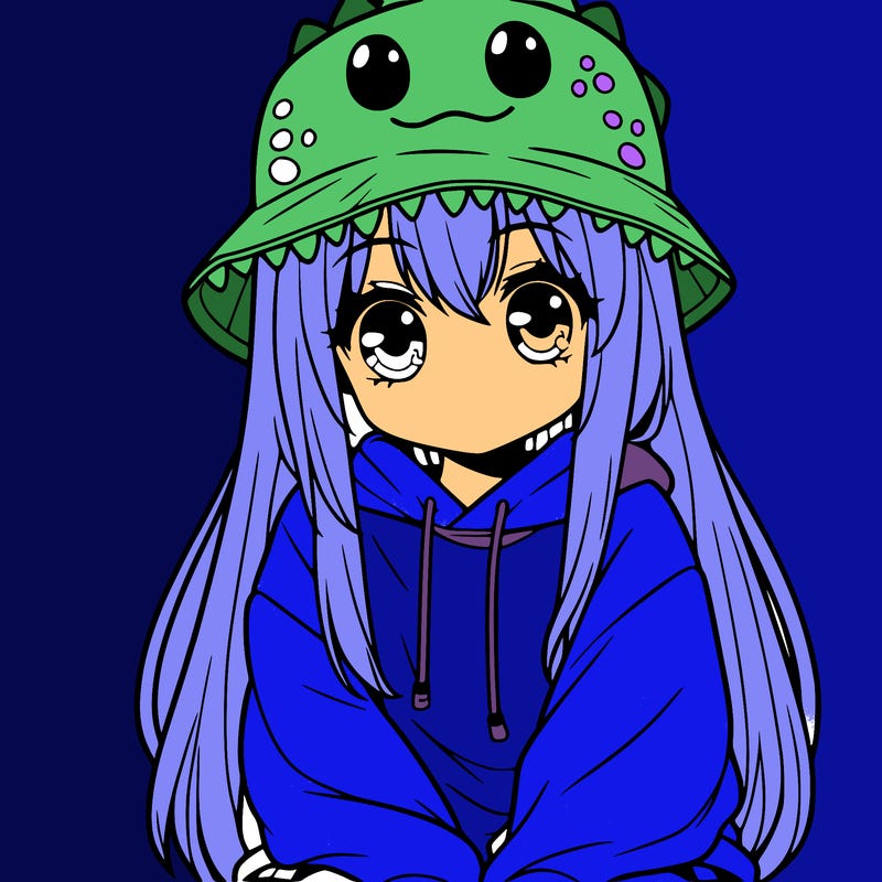 girl with anime shaped eyes with a dinosaur bucket hat oversized sweatshirt long straight hair