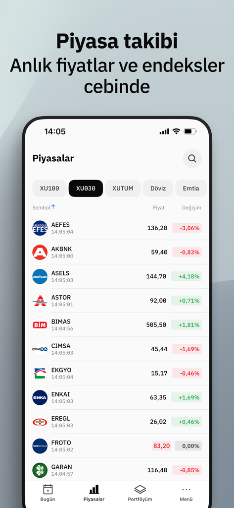 Fintables: Borsa, Hisse ve Fon - Aplicativo Fintables exibindo preços de ações e índices em tempo real para acompanhamento de mercado
