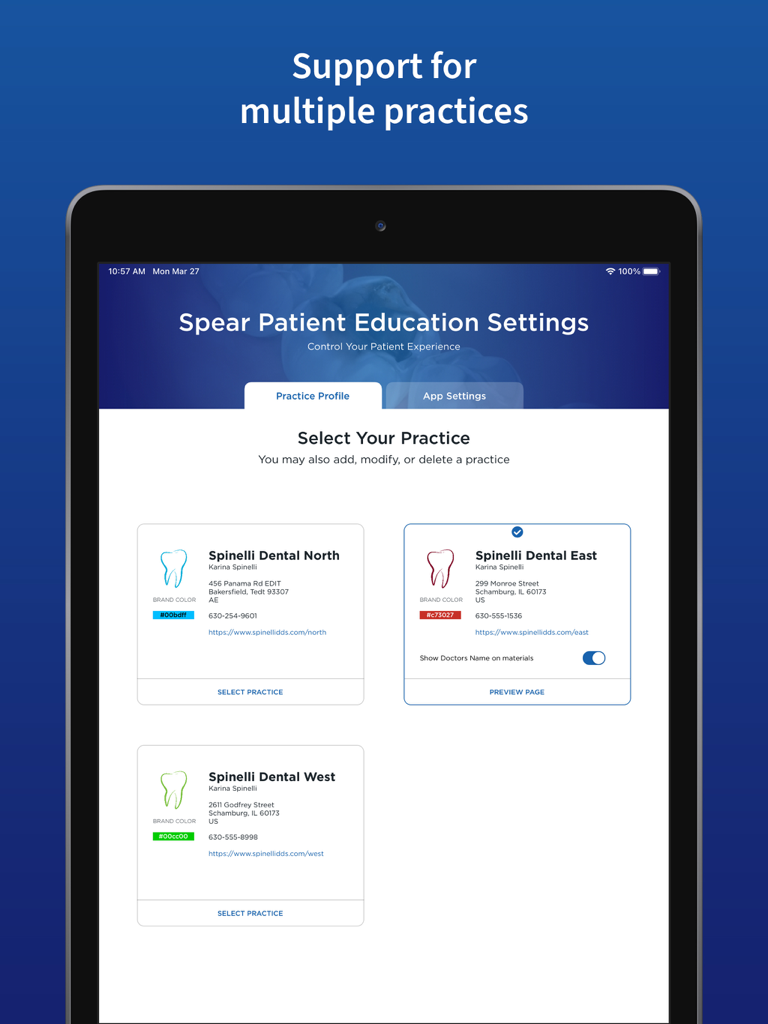 Spear Patient Education - Spear Patient Education interface for managing multiple dental practice profiles and settings