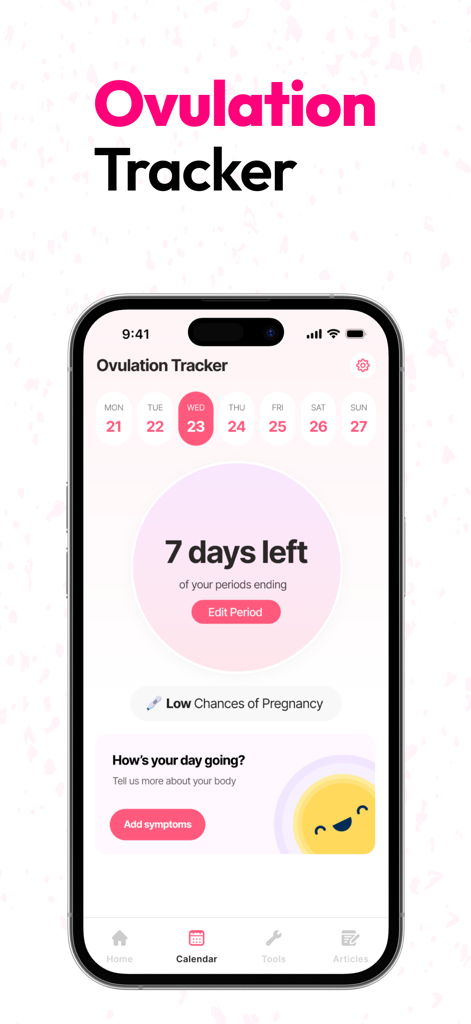 Period & Ovulation Tracker App - Screen of an ovulation tracker app displaying days left in period and pregnancy chances