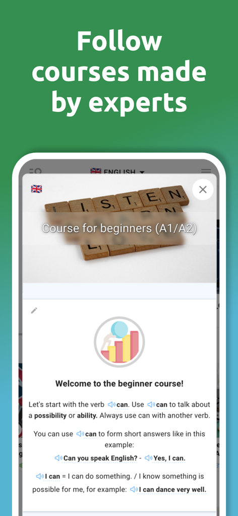 DuoCards: Language Learning - 문법 수업과 전문가 지침이 포함된 초급 영어 코스를 보여주는 인터페이스