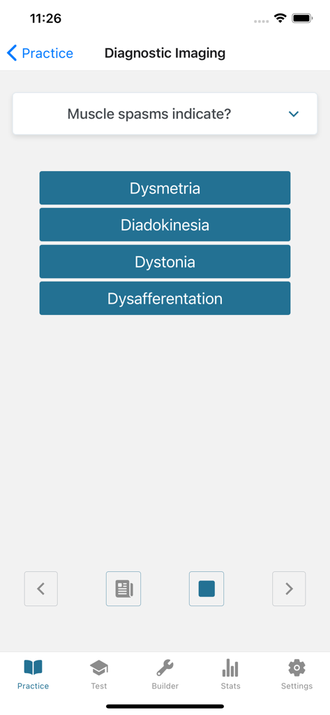 Chiropractic Boards 3 - Interface de questão de prática no aplicativo Chiropractic Boards 3 mostrando uma questão de imagem diagnóstica