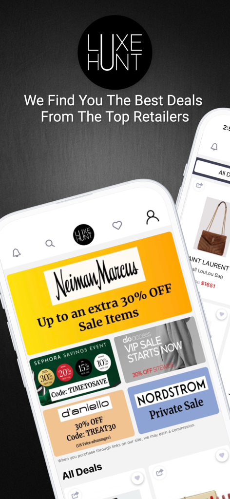 Luxe Hunt App-Oberfläche mit Luxus-Shopping-Angeboten und Rabattbannern von Händlern wie Neiman Marcus und Nordstrom
