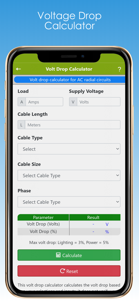 電気工具とリファレンスアプリのACラジアル回路用電圧降下計算機インターフェース