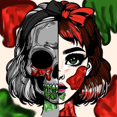 realistic girl with half skull mask