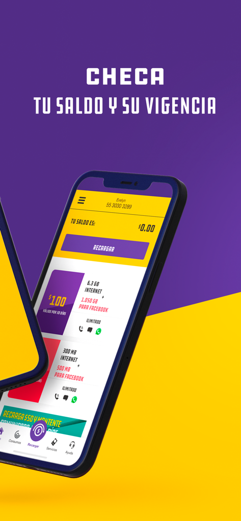 Mi Unefon - Interfaz de la aplicación Mi Unefon que muestra la consulta de saldo y los paquetes de recarga móvil