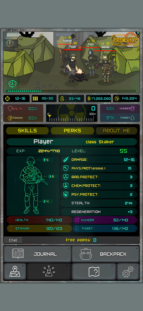 Pocket ZONE - Pocket ZONE character statistics screen with survival meters and stalker class details