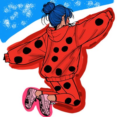 realistic girl jumping with a bun and oversized sweatshirt