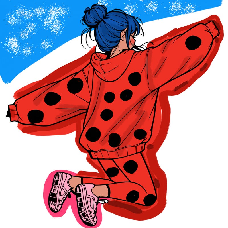 realistic girl jumping with a bun and oversized sweatshirt