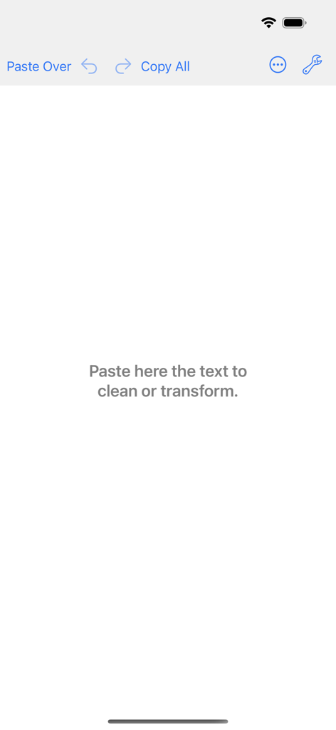 Main editor screen of the Clean Text app showing the workspace and text processing tools