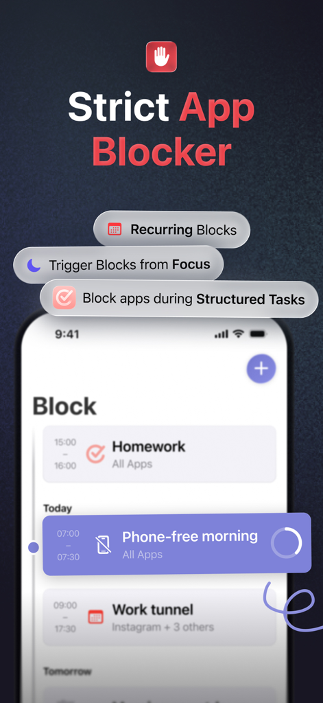 one sec | screen time + focus - One sec app interface showing strict app blocker features and scheduled focus sessions for homework and work tunnels