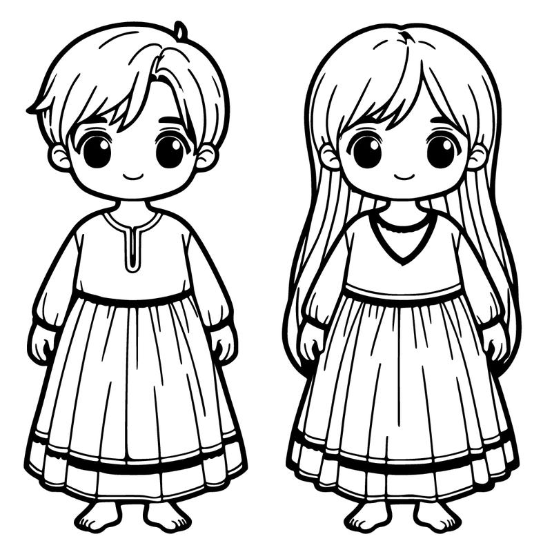 twins, a boy with short blue hair and a girl with log pink hair and they both wear a long white dress