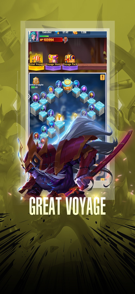 Siberium - Great Voyage game mode screen in Siberium Idle RPG featuring an anime samurai warrior and a reward path.