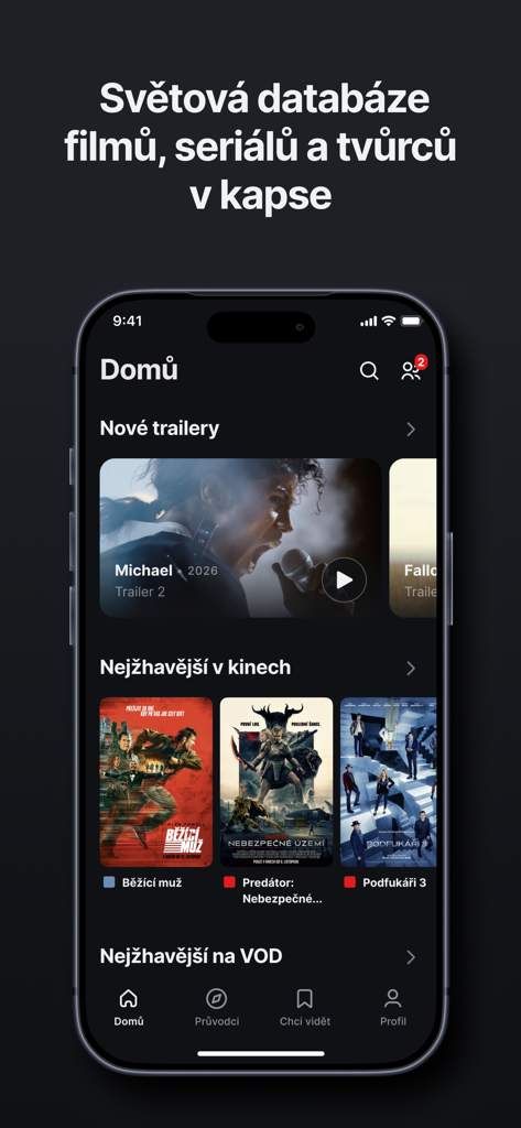 ČSFD - Startbildschirm der ČSFD Filmdatenbank-App mit Trailern und aktuellen Kinoveröffentlichungen