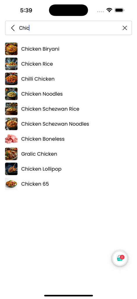 Shino - Shop Local. Fast. - Search results for chicken dishes in the Shino local delivery app interface.