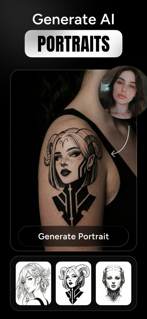 AI Tattoo Generator - Creator - AI Tattoo Generator app showing a portrait being converted into a custom tattoo design on a shoulder.
