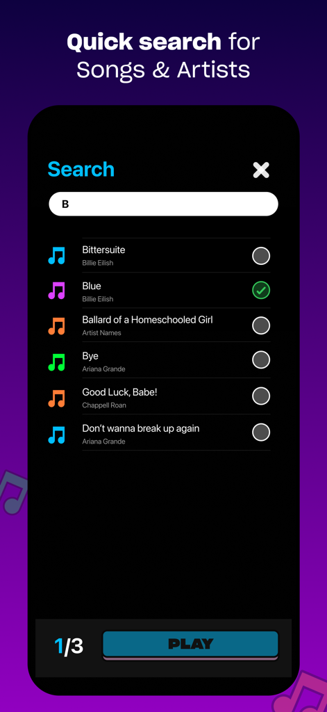 Blind Karaoke - Blind Karaoke mobile app interface for searching songs and artists with popular music tracks listed