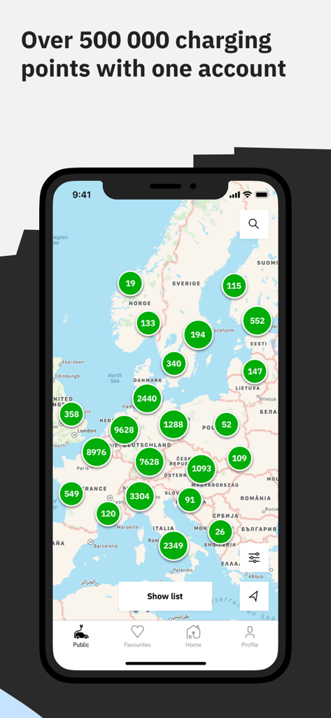 Charge Global app screenshot displaying a map of Europe with thousands of electric vehicle charging station locations.