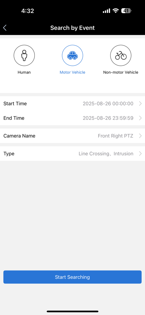 Smart event search screen in the Luma View app showing filters for humans and vehicles
