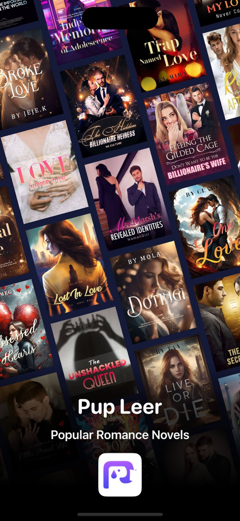 Pup Leer - Romance Novels - Pup Leerアプリで、人気のロマンスやパラノーマル小説の表紙がグリッド状に表示されているモバイル画面