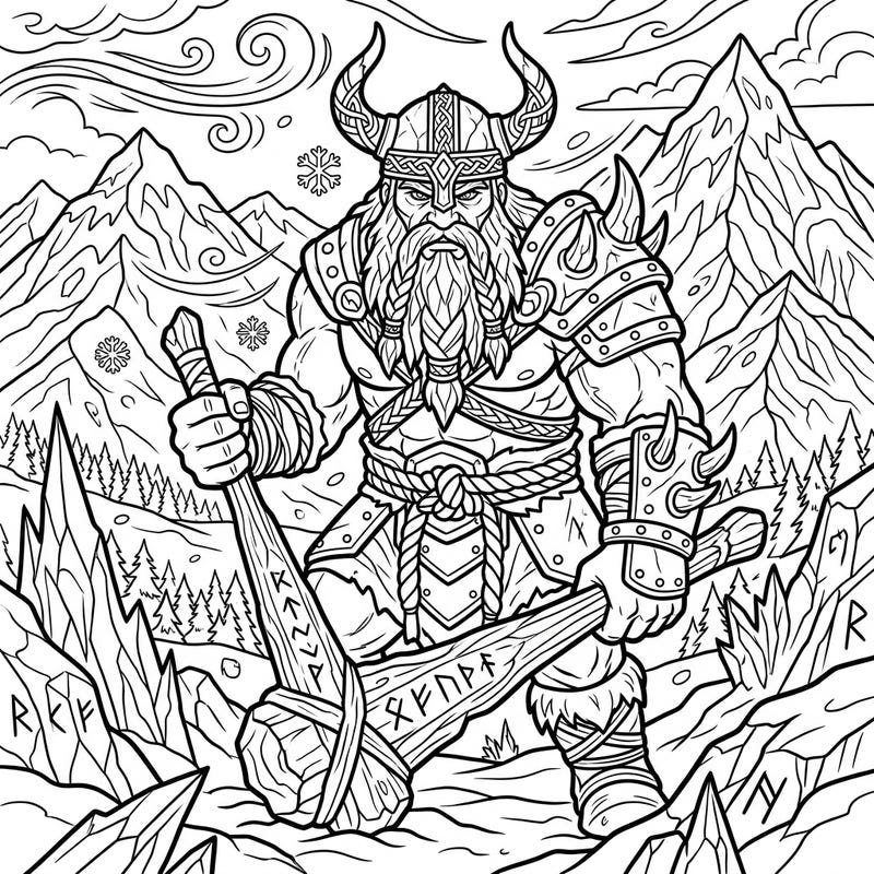 Journey into a world of ancient legends with this captivating coloring page featuring a formidable Viking Mythological Giant. With intricate details and a majestic snowy backdrop, it promises an adventurous coloring experience for all ages.