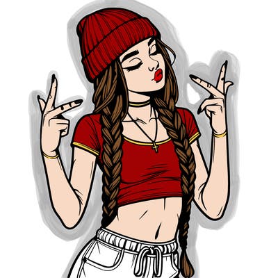 realistic teenage girl with braids and a beanie and crop top doing 🫶🏼