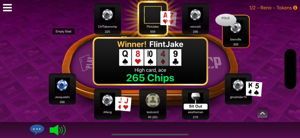 PlayNLOP - A screenshot of the PlayNLOP mobile app interface showing a winning poker hand of high card ace and a prize of 265 chips
