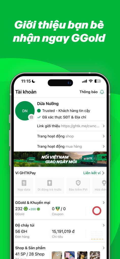 iGHTK & Tra cứu đơn hàng - User account profile screen of the iGHTK app showing order statistics loyalty rewards and account status