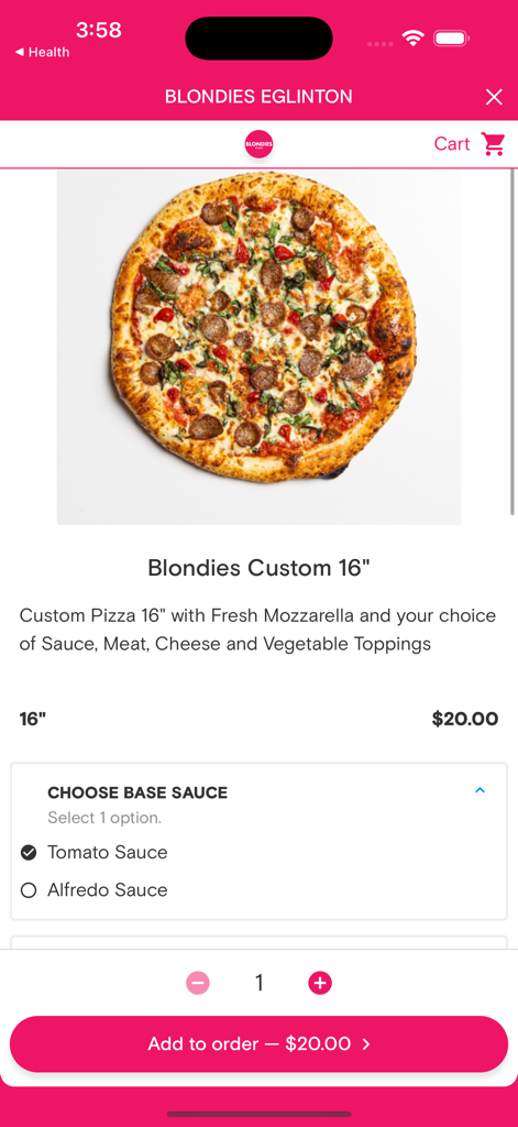BLONDIES PIZZA - Mobile app interface for Blondies Pizza showing a 16-inch custom pizza with sauce selection and pricing