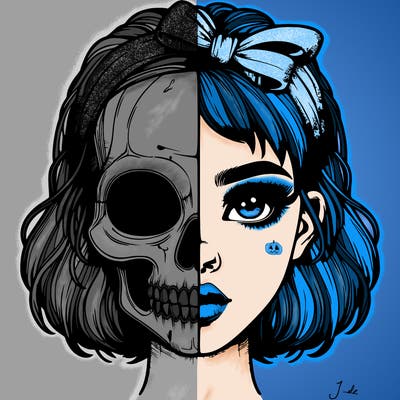 realistic girl with half skull mask