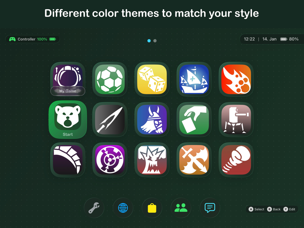 LudiHub - LudiHub game launcher interface on iPad showing a customizable dark green theme with a grid of game icons