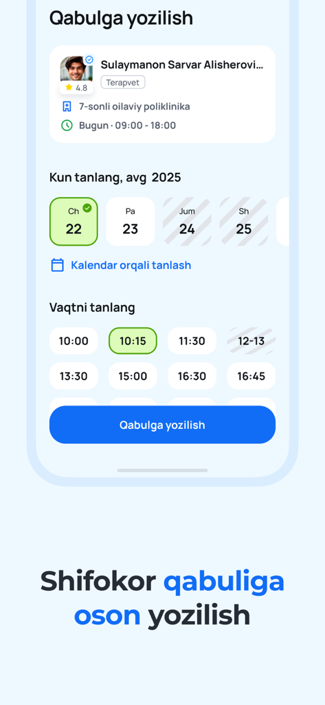 Mobile app interface for booking a medical appointment with a doctor in Uzbekistan
