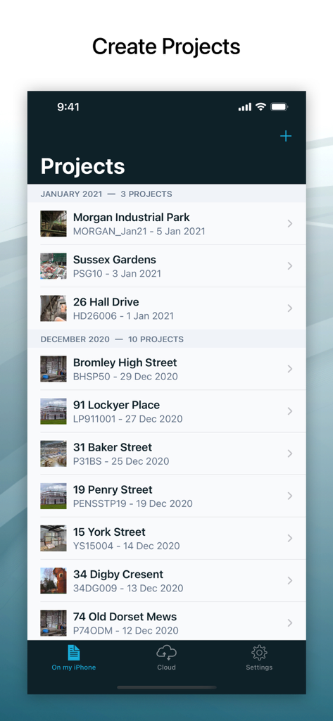 A list of inspection and audit projects in the Site Audit Pro mobile app interface.