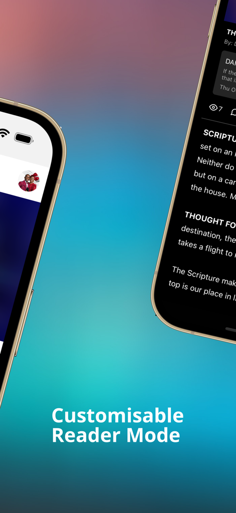 Seeds Of Destiny - Seeds of Destiny app displaying light and dark reader modes for daily Christian devotionals