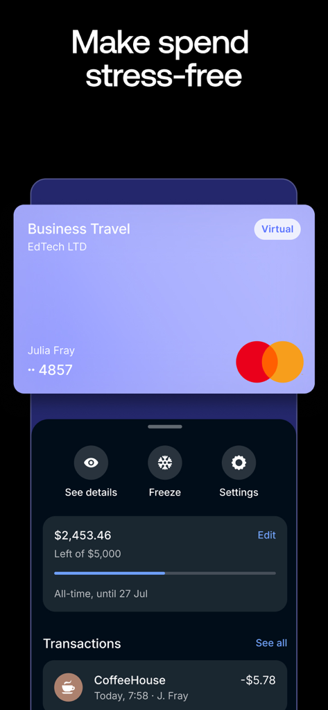 Revolut Business app screen showing a virtual corporate card for business travel with spend tracking and freeze options