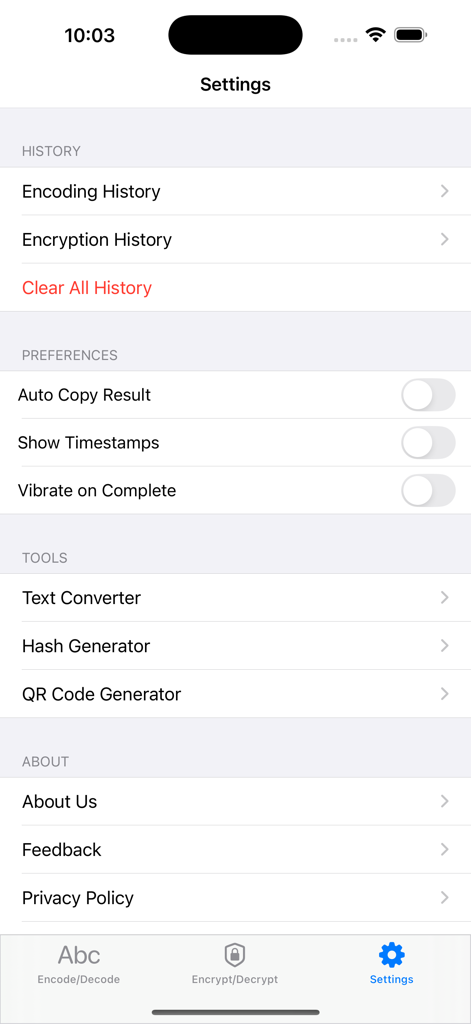 DecTwl - Settings interface of DecTwl app showing history preferences and utility tools