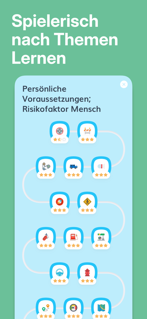 Ein spielerischer Lernpfad-Bildschirm in der ClickClickDrive-App, der Themen der theoretischen Fahrprüfung und Fortschrittssterne zeigt.