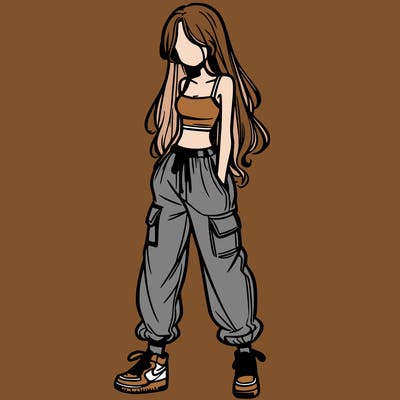 girl in baggy pants crop top and long hair