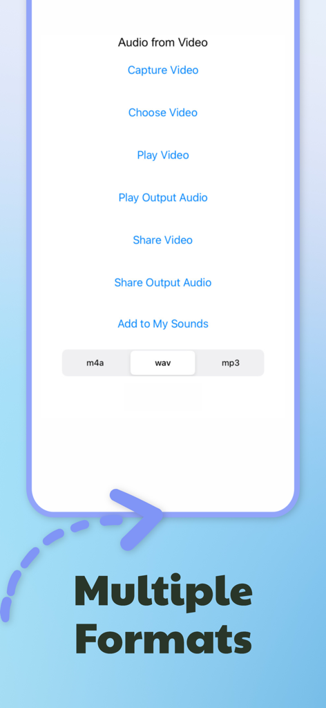 Mobile app screen showing multiple audio export formats including m4a wav and mp3