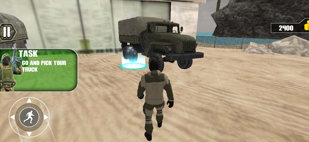 Army Truck Driver Cargo Game - A soldier character walking toward a green military cargo truck at a mission start point.