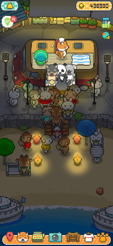 Food Truck Pup - Pixel art gameplay of Food Truck Pup featuring a Shiba Inu serving various animals from a food truck at night.