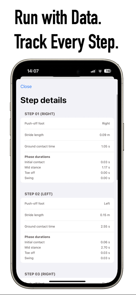 RUN! - 3D Running Analytics - A screenshot of the RUN app showing detailed biomechanical metrics for individual running steps including stride length and contact time